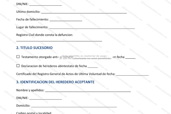 Imagen de la página 1 de un documento legal en español sobre la aceptación de la herencia y el beneficio de inventario.