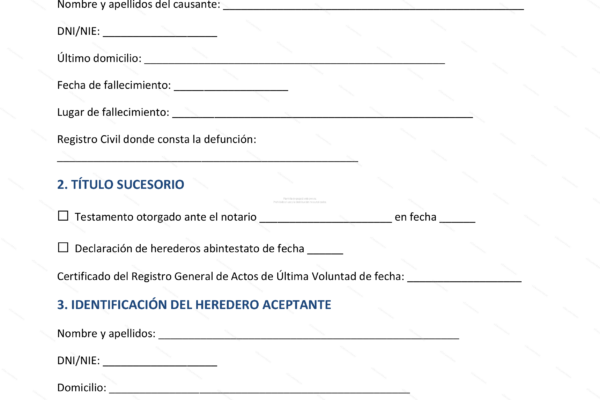 Imagen de la página 1 de un documento legal en español sobre la aceptación de la herencia y el beneficio de inventario.