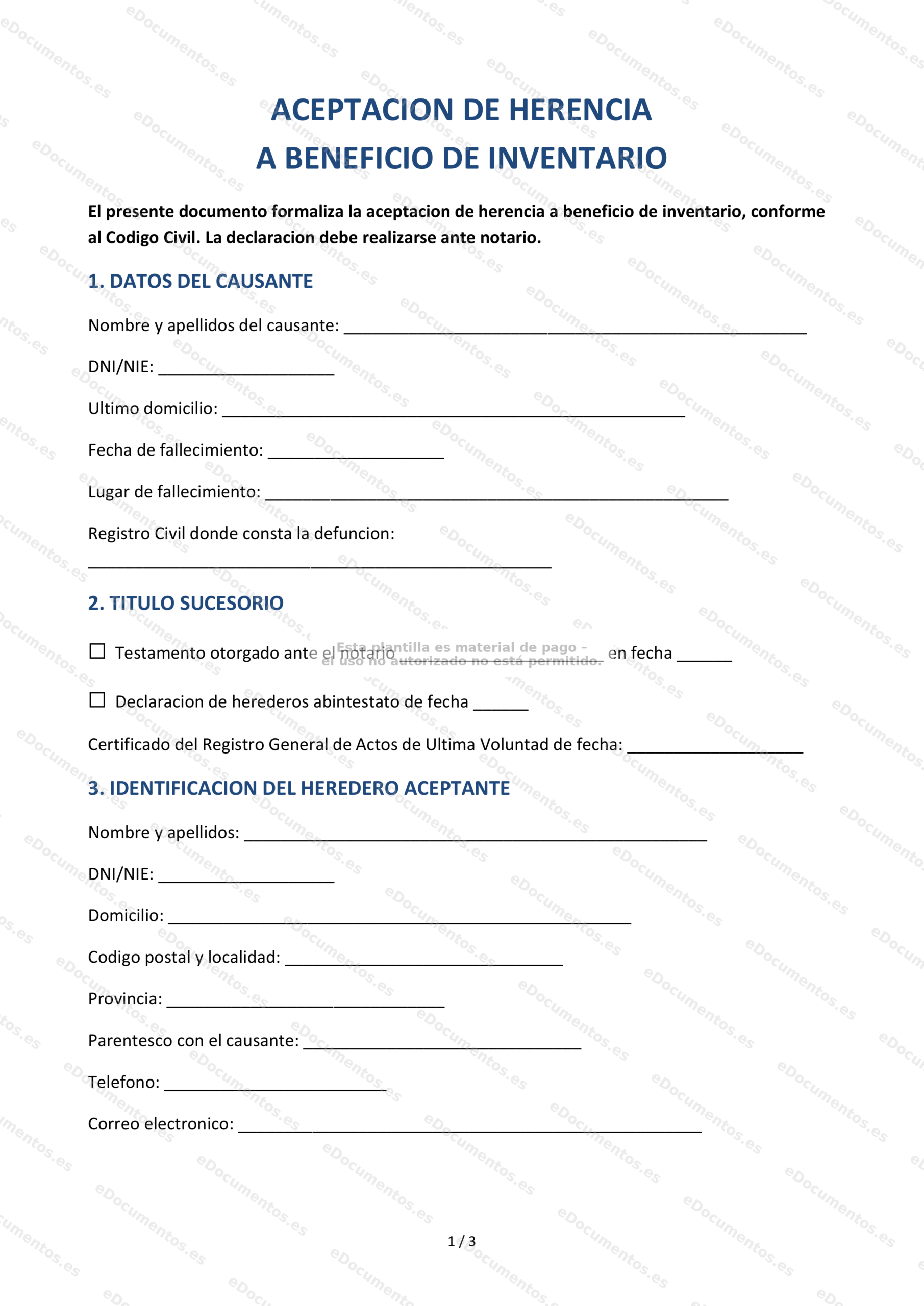 Aceptación de herencia a beneficio de inventario — Modelo descargable