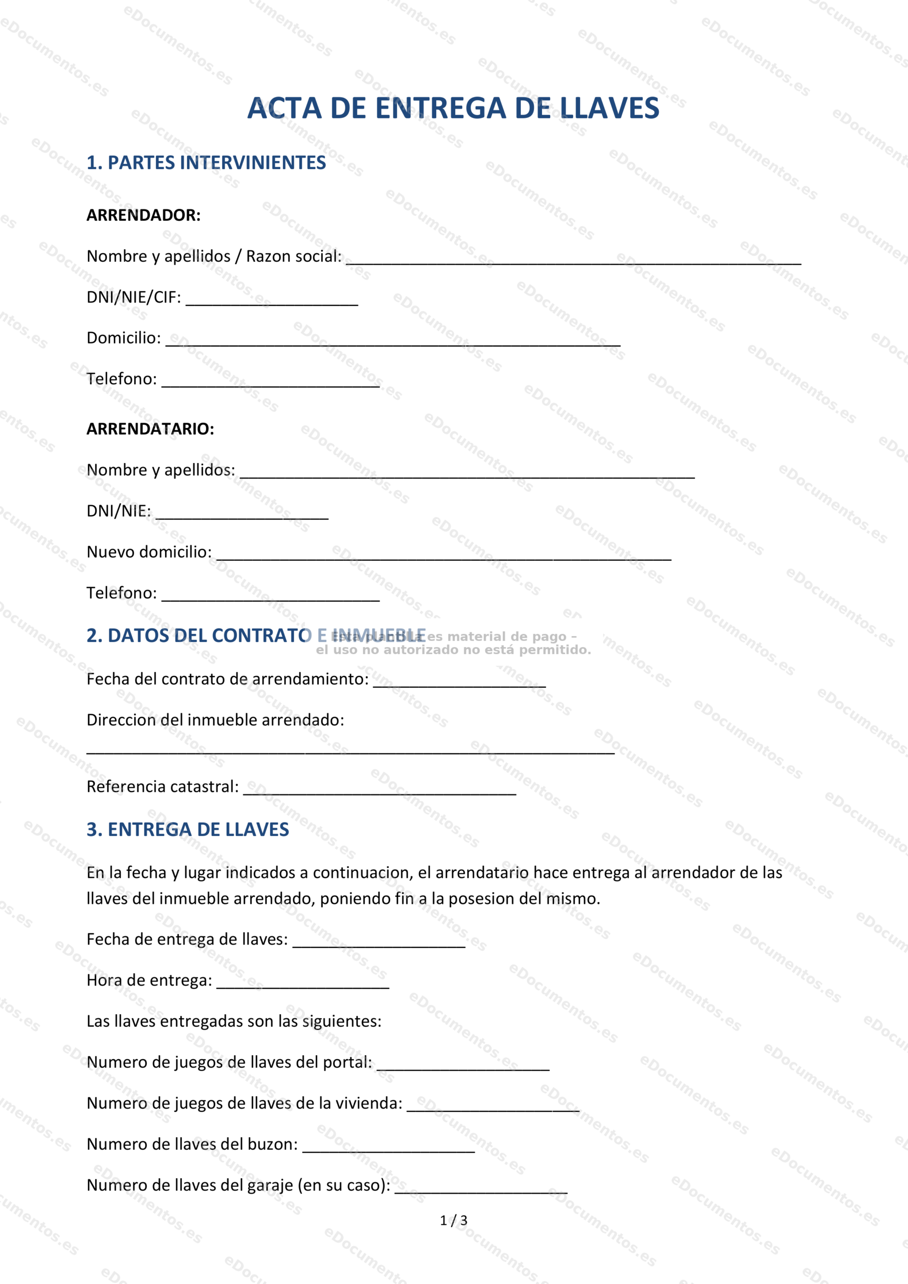 Acta de entrega de llaves — Modelo para arrendador e inquilino