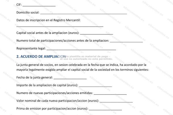 Página 1 de un acuerdo de ampliación de capital, documento corporativo.