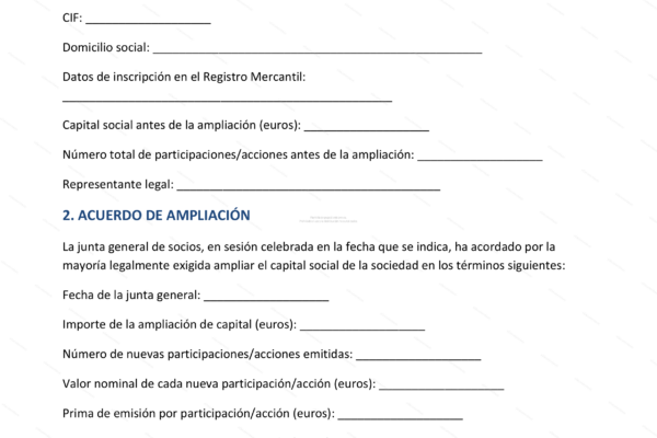 Página 1 de un acuerdo de ampliación de capital, documento corporativo.