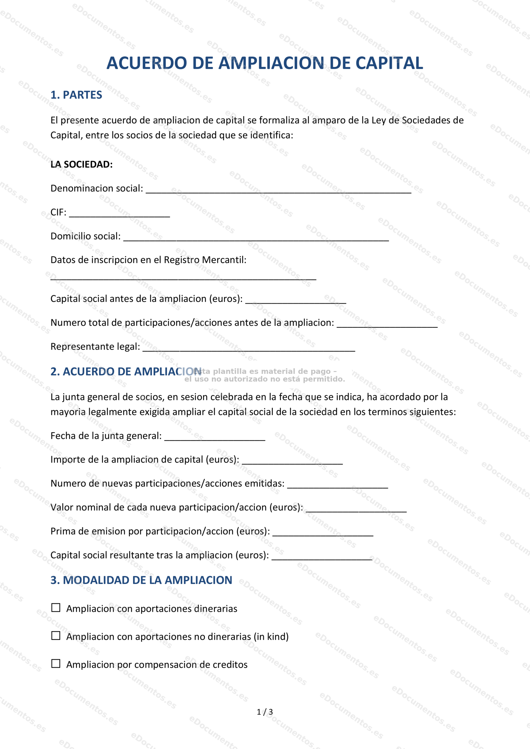Acuerdo de ampliación de capital — Modelo editable