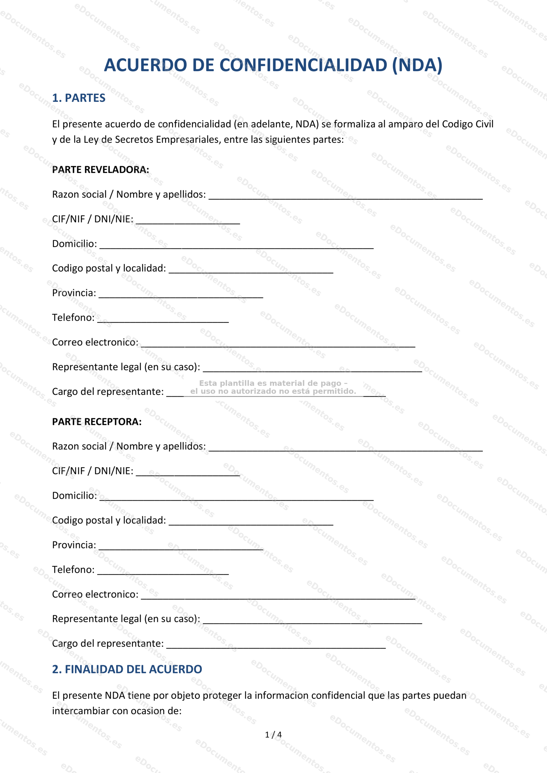 Acuerdo de confidencialidad (NDA) — Plantilla Word & PDF