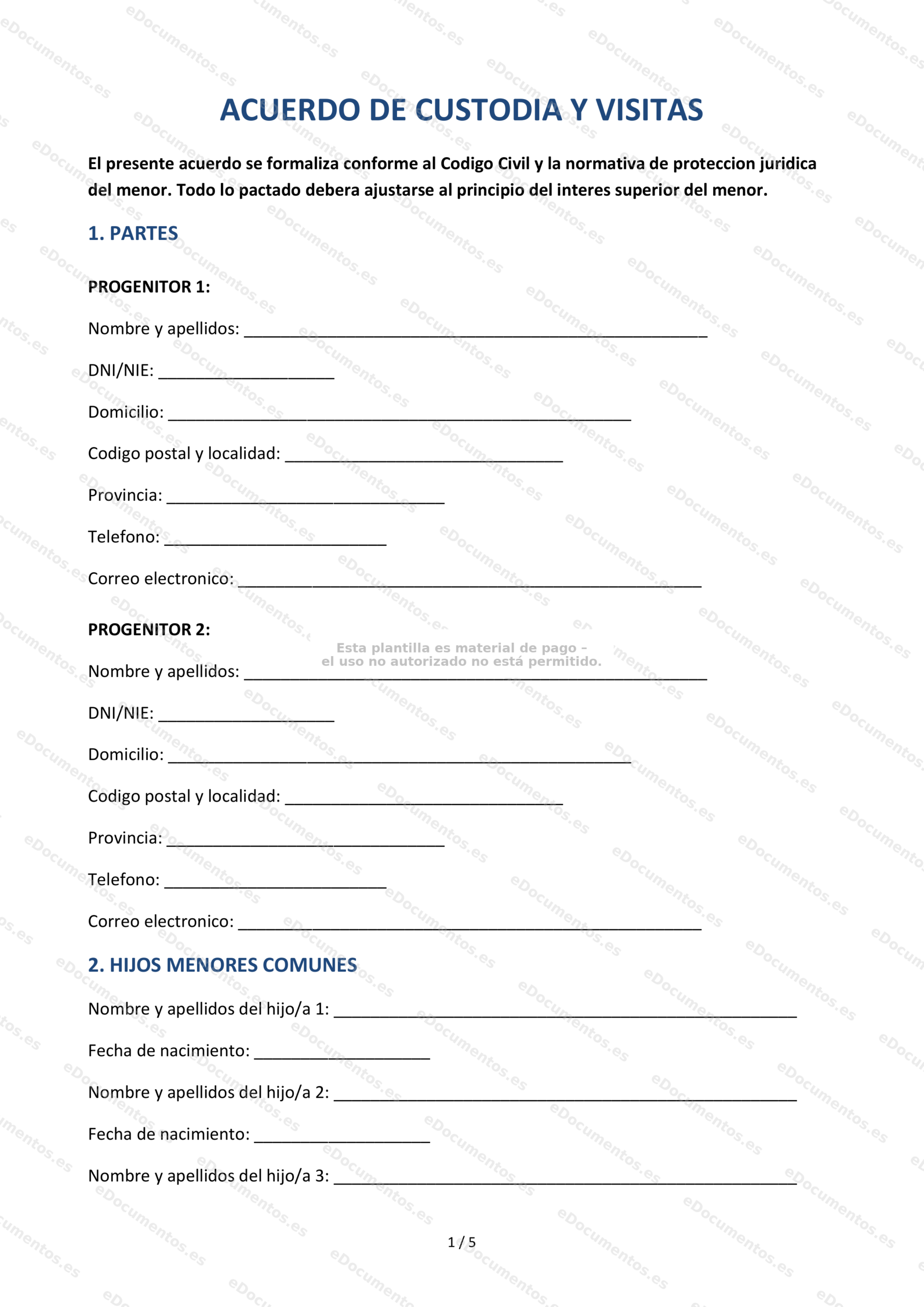 Acuerdo de custodia y régimen de visitas — Modelo descargable