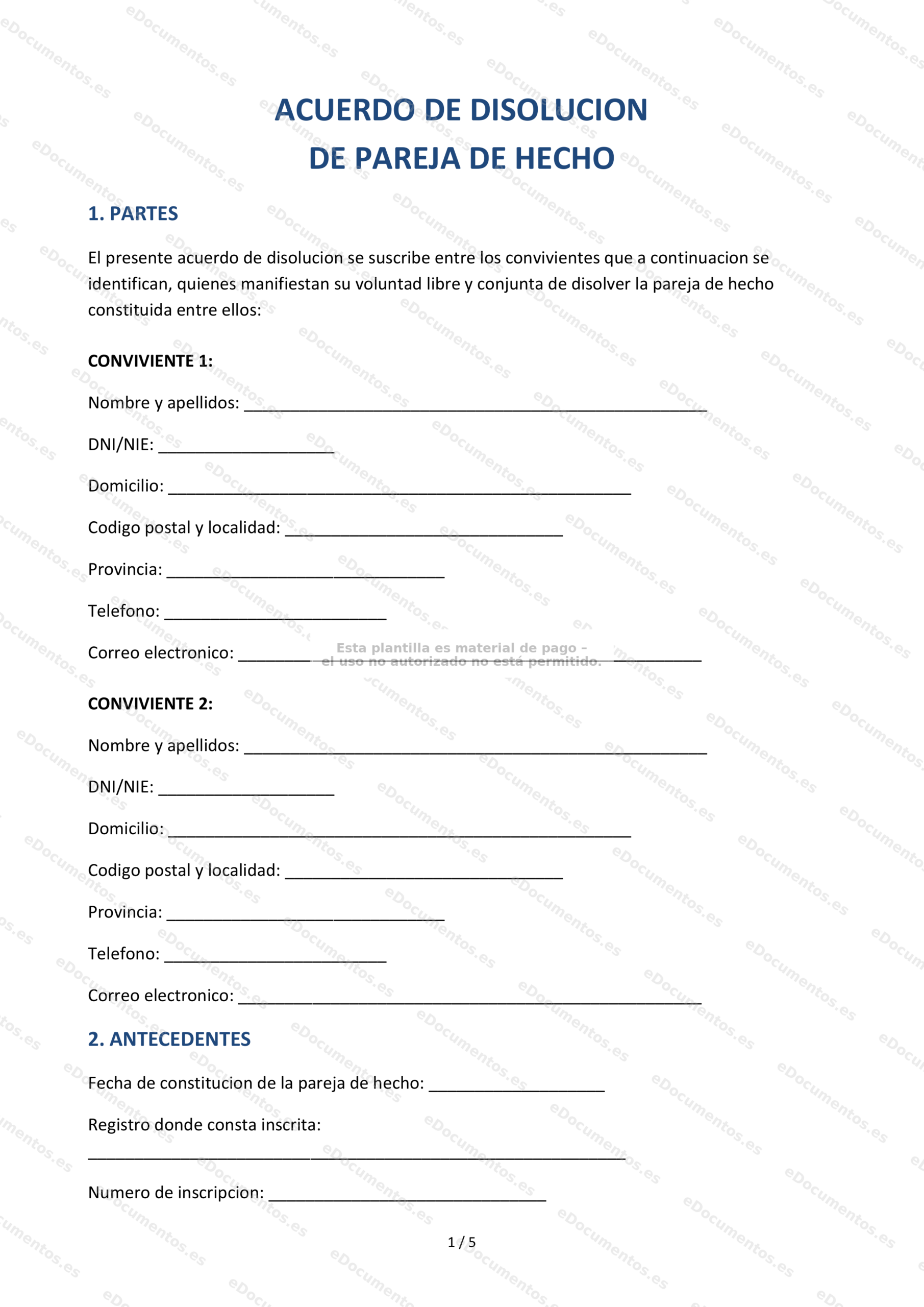Acuerdo de disolución de pareja de hecho — Modelo editable