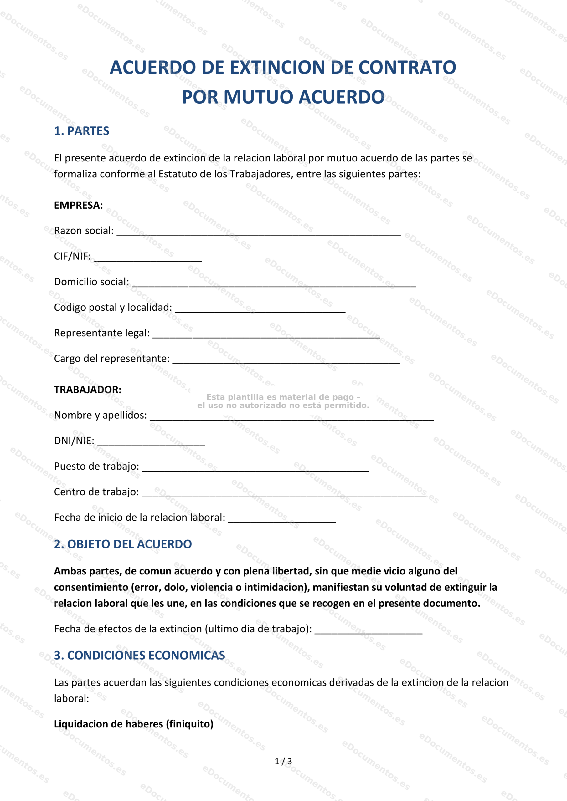 Extinción del contrato de trabajo por mutuo acuerdo — Modelo editable