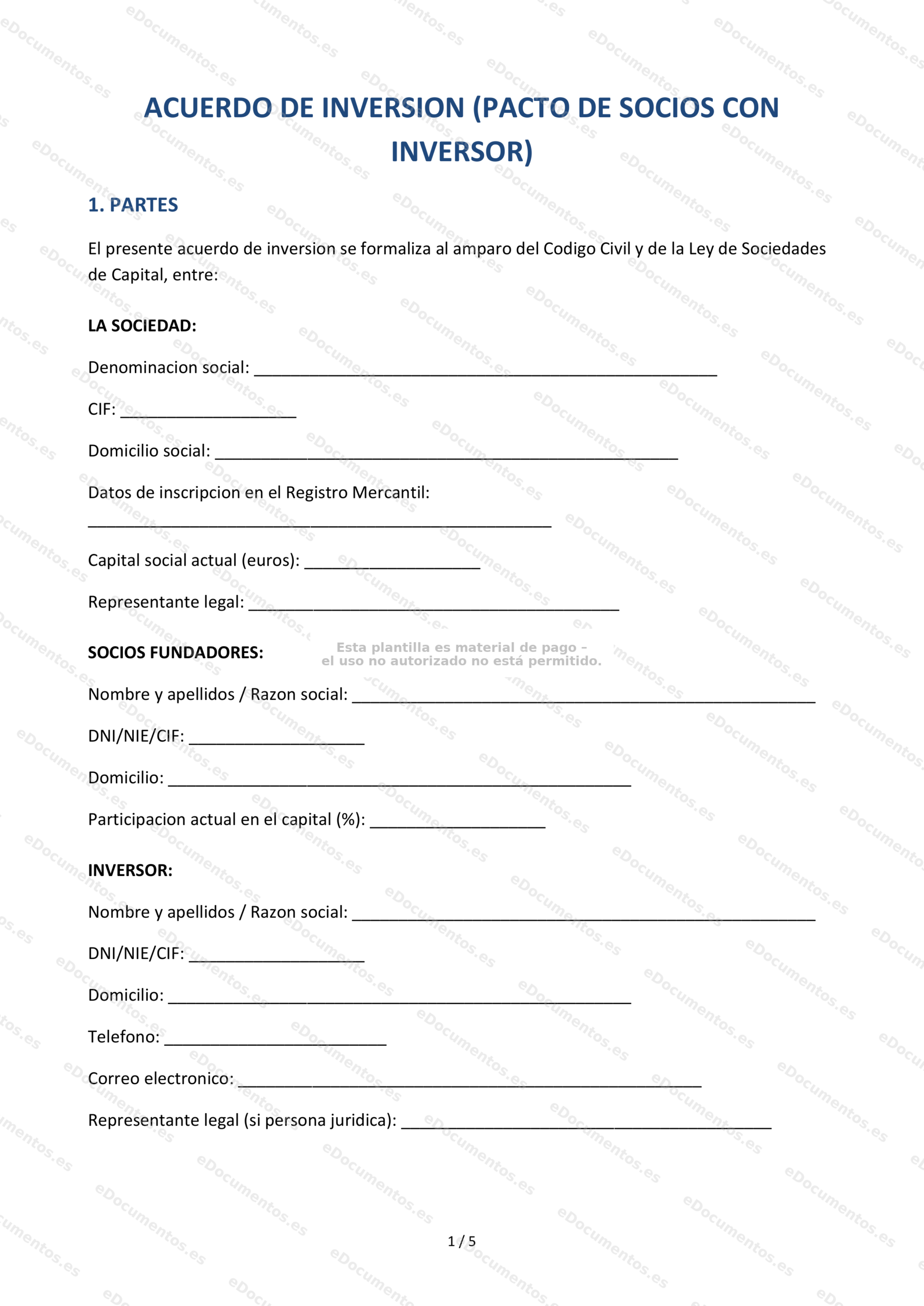 Acuerdo de inversión con pacto de socios — Modelo editable