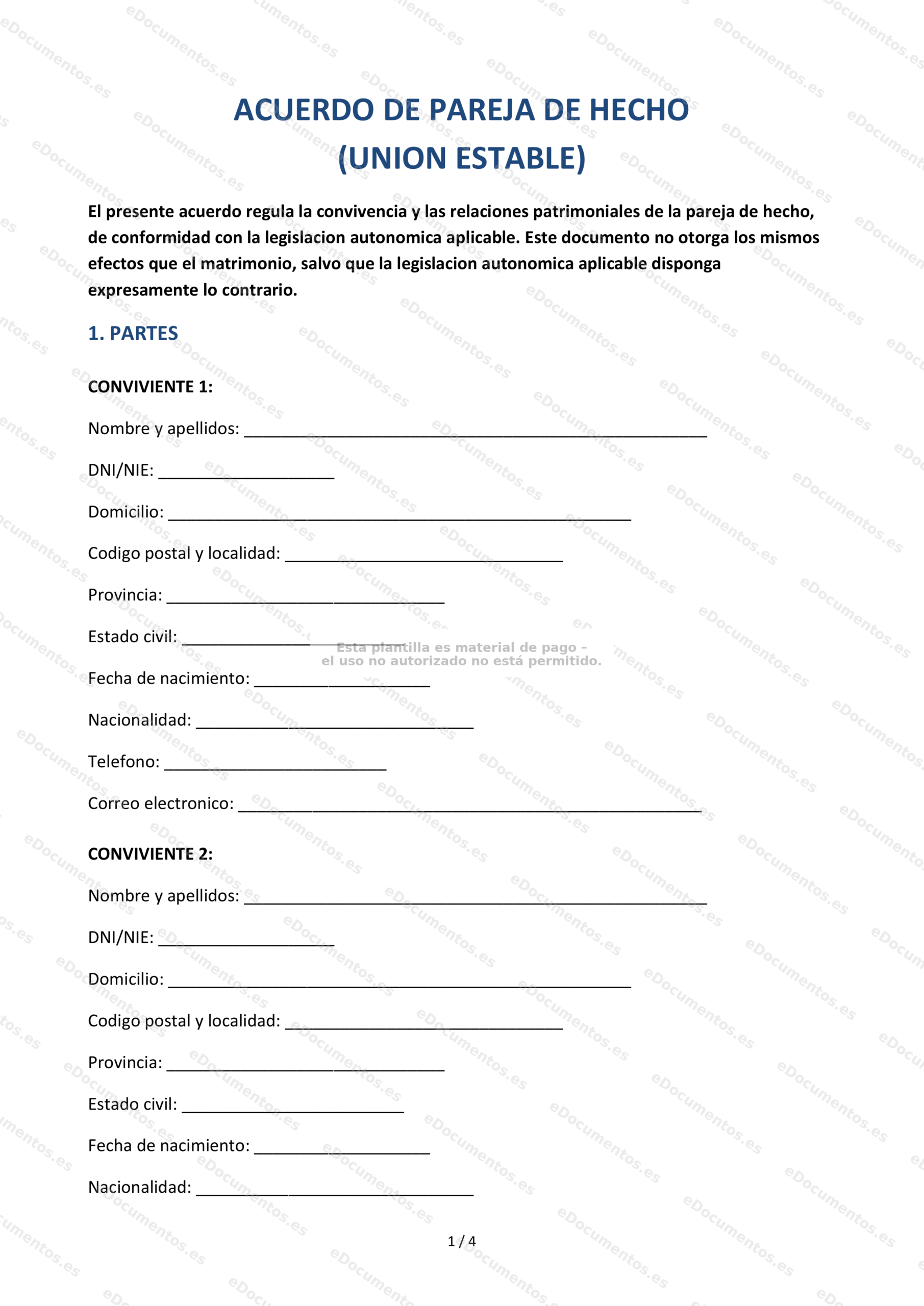 Acuerdo de pareja de hecho (unión estable) — Modelo editable