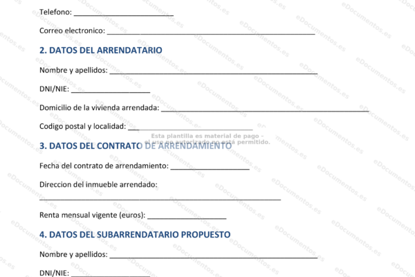 Página 1 de un documento de autorización de subarriendo.