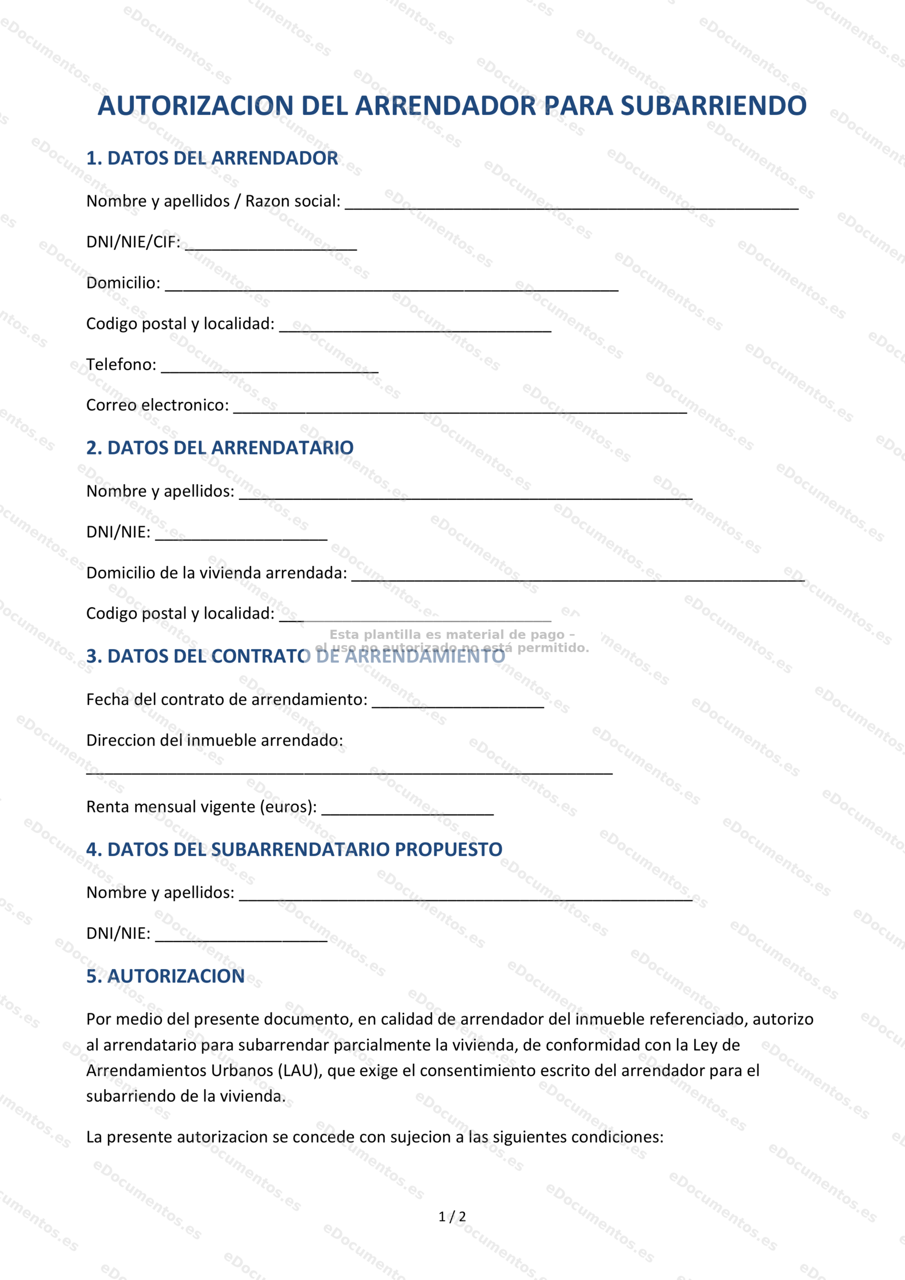 Autorización de subarriendo — Modelo para arrendador