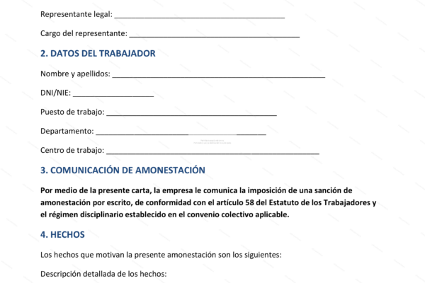 Carta de amonestación laboral, página 1, documento formal con texto y espacios para firma.