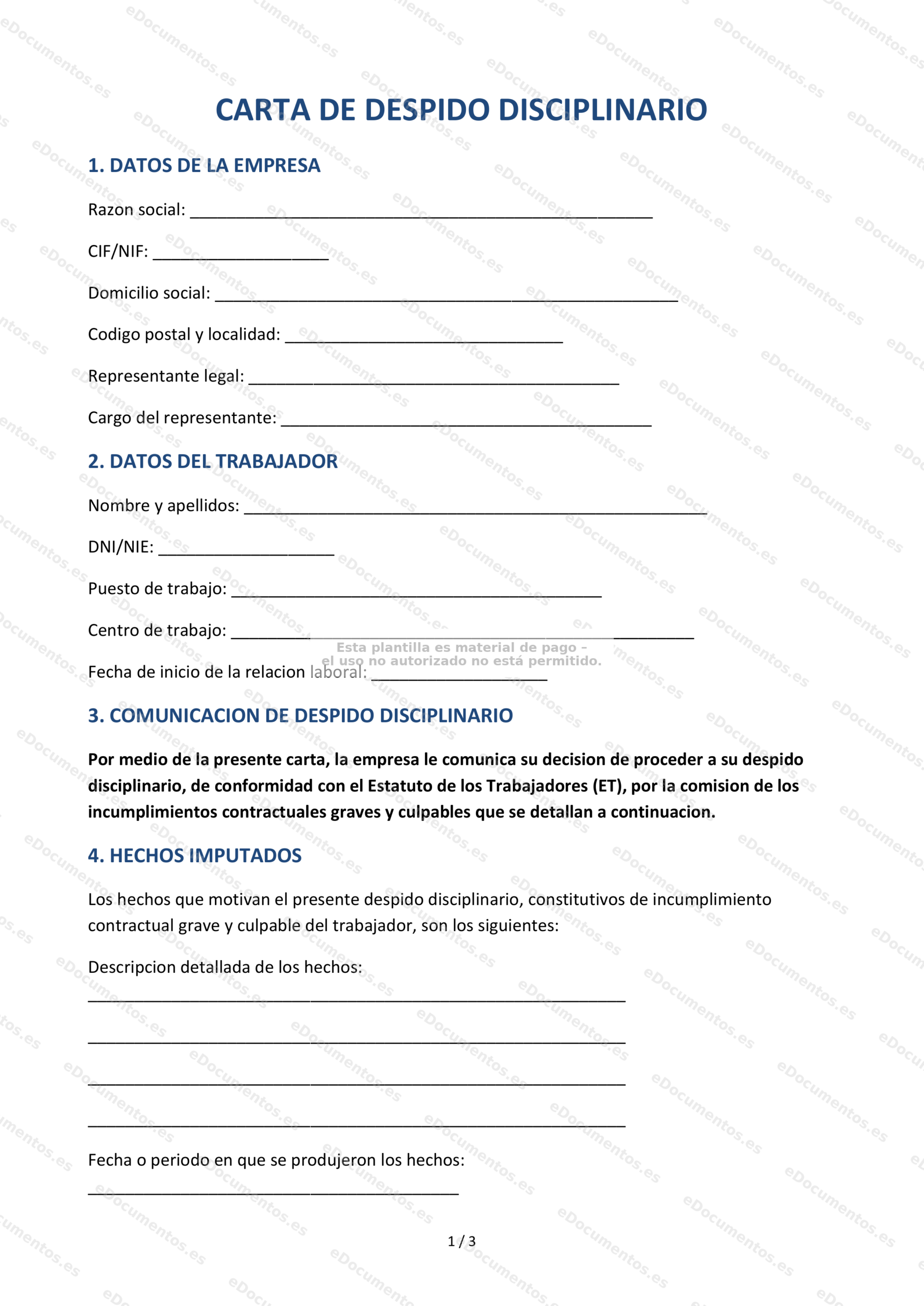 Carta de despido disciplinario — Formulario descargable