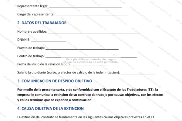 Página 1 de una carta de despido objetivo, formato de documento laboral.