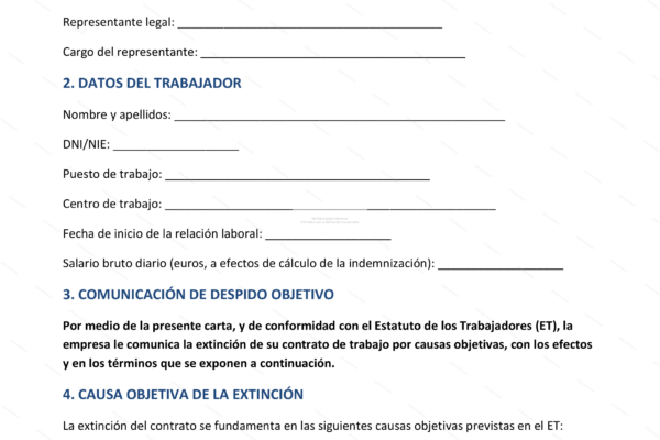 Página 1 de una carta de despido objetivo, formato de documento laboral.