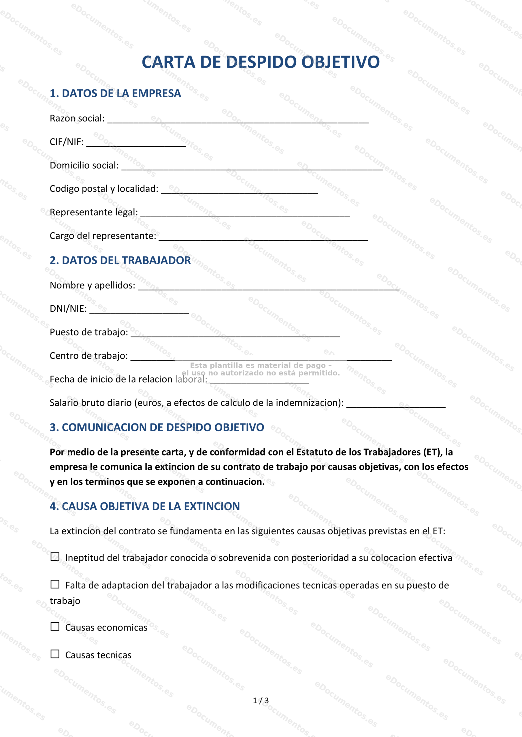 Carta de despido objetivo — Formulario editable