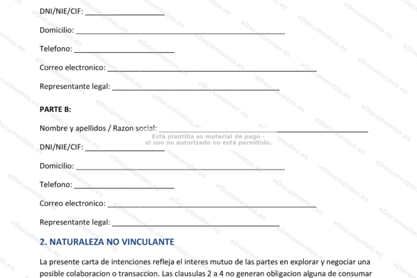 Página 1 de una carta de intenciones, documento formal escaneado con texto impreso.