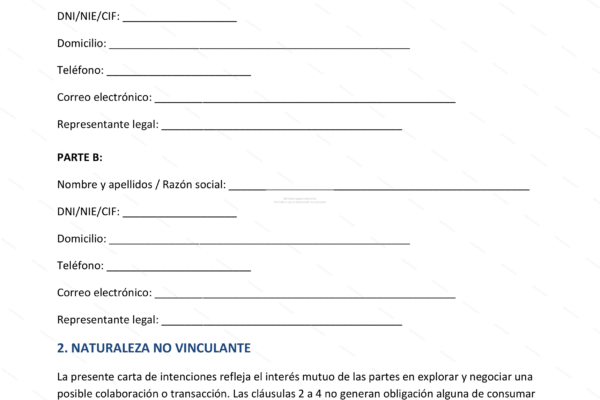 Página 1 de una carta de intenciones, documento formal escaneado con texto impreso.