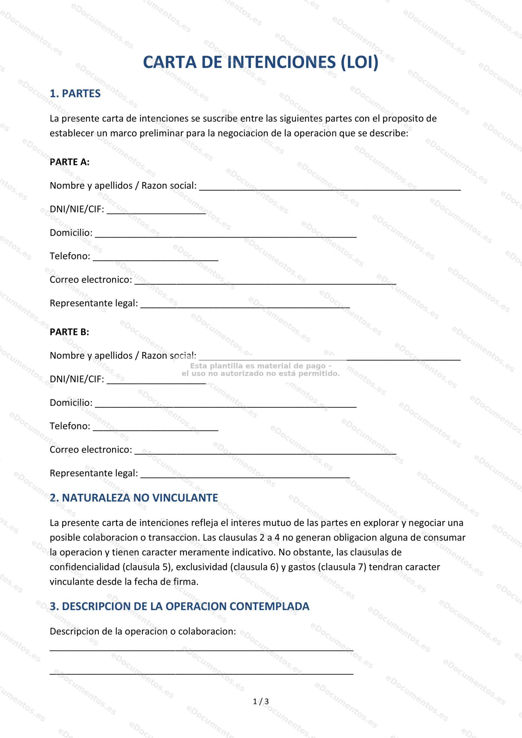 Carta de intenciones (LOI) — Modelo editable