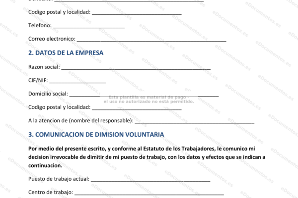 Página 1 de una carta de preaviso de dimisión, documento escaneado.