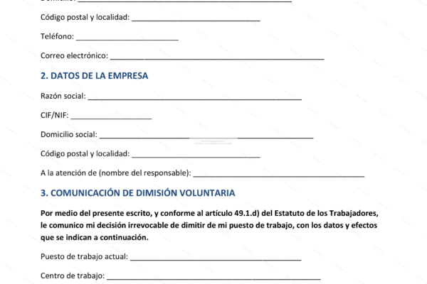 Página 1 de una carta de preaviso de dimisión, documento escaneado.