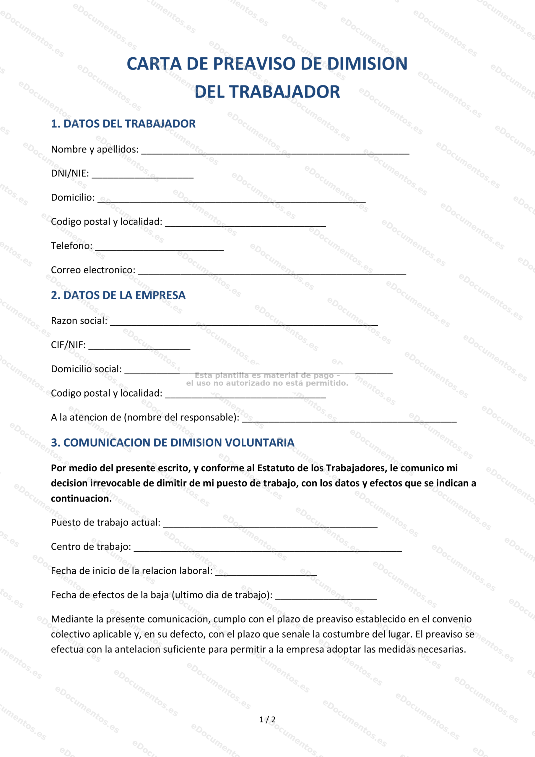 Carta de preaviso de dimisión — Formulario para el empleado