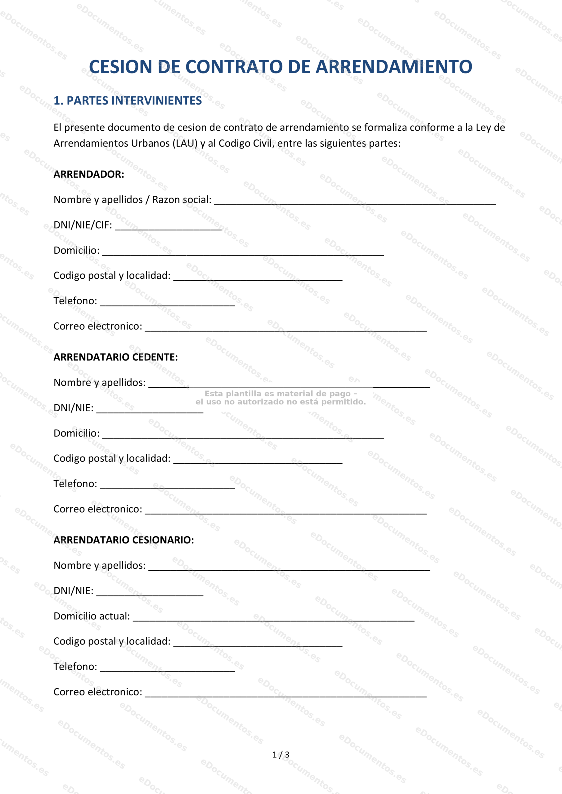 Cesión de contrato de arrendamiento — Modelo editable