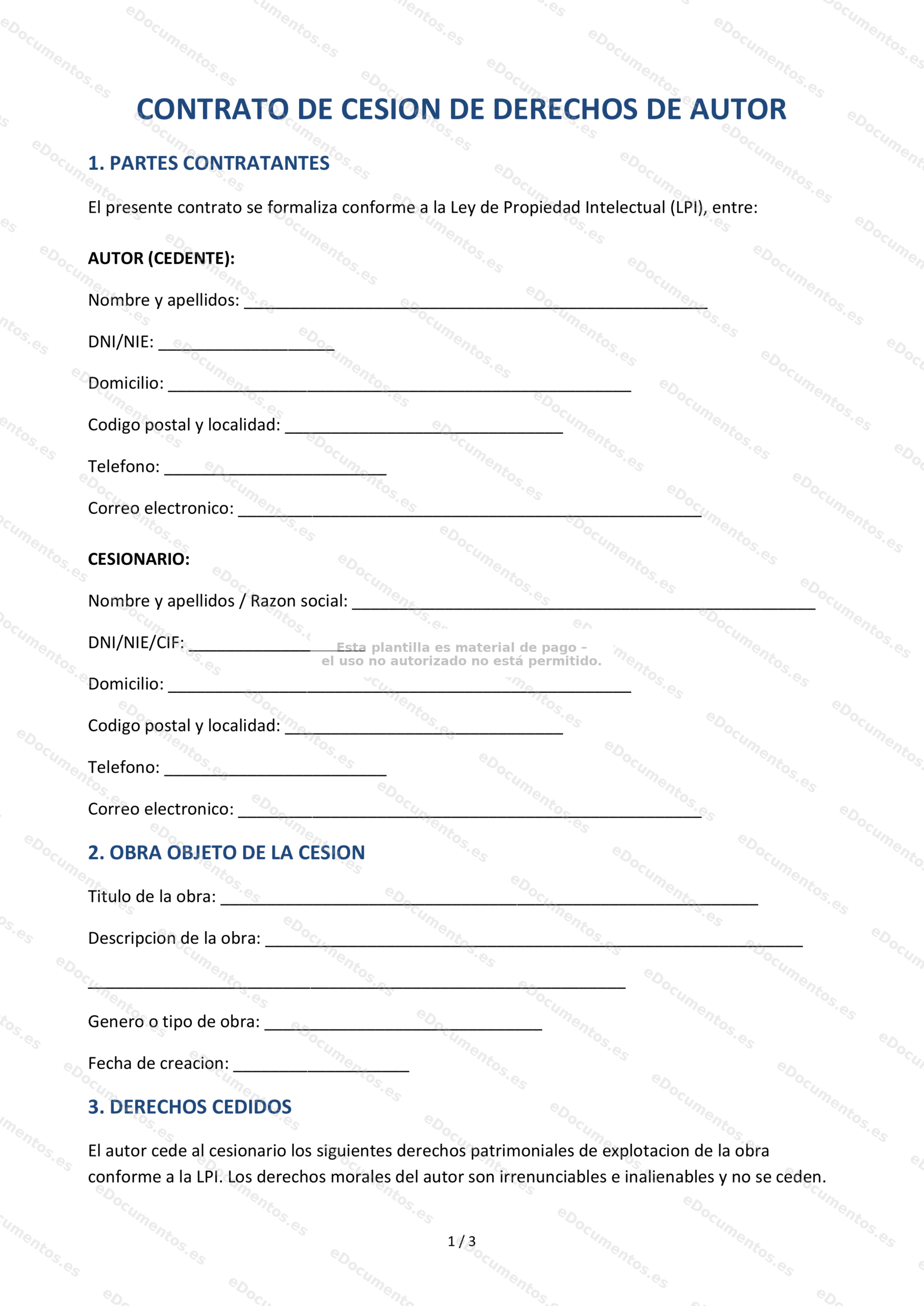 Contrato de cesión de derechos de autor — Modelo editable