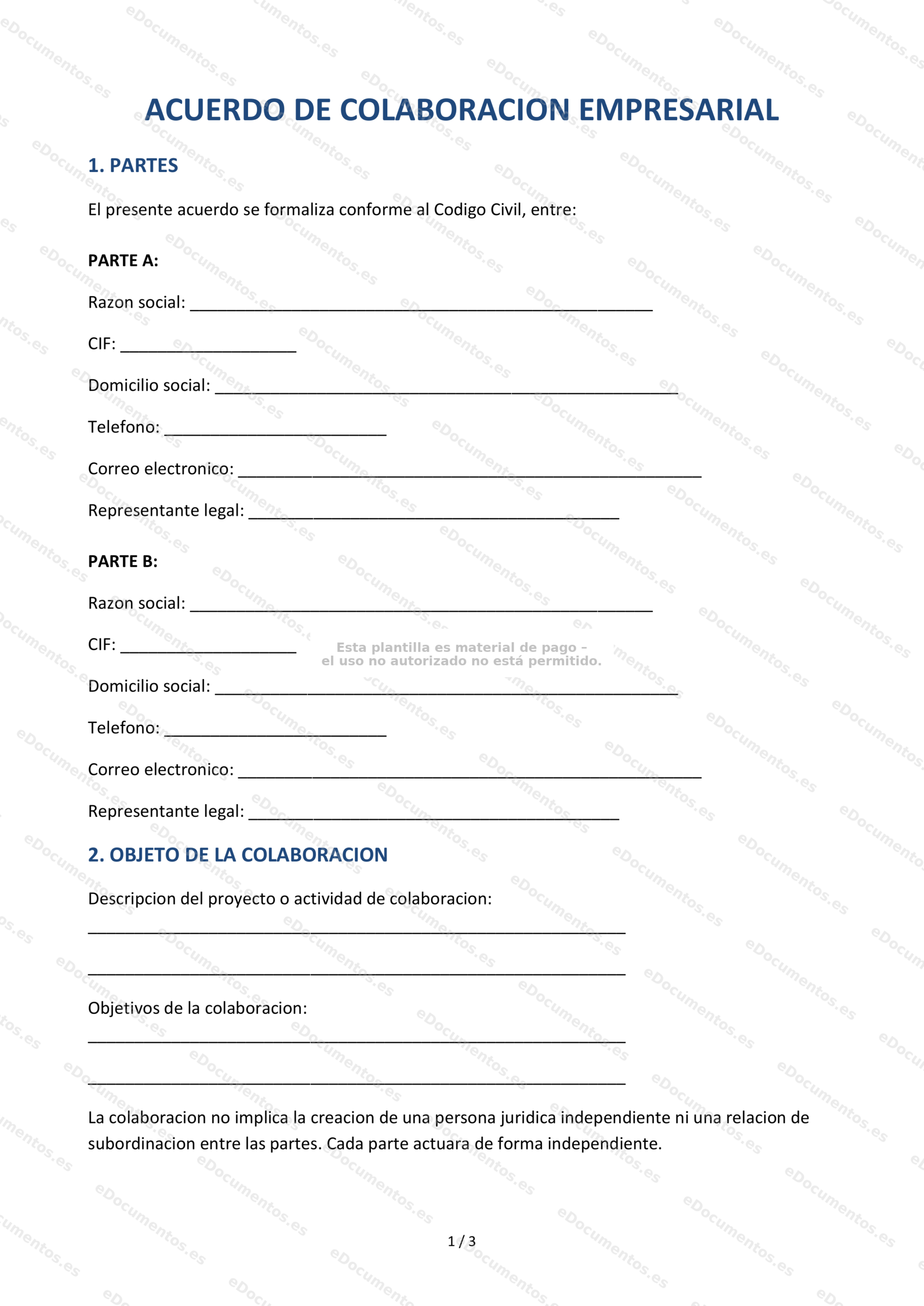 Acuerdo de colaboración empresarial — Modelo editable