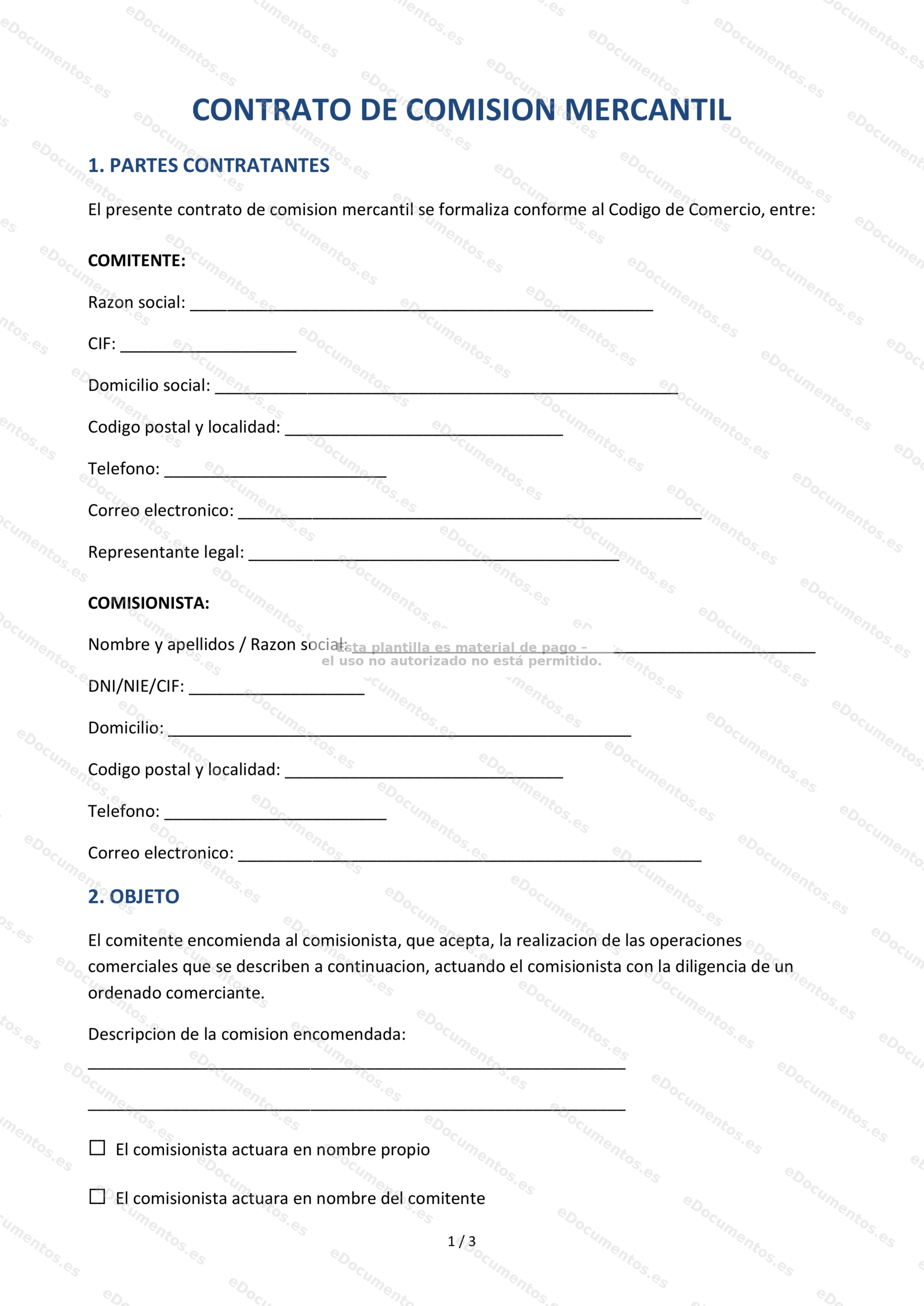 Contrato de comisión mercantil — Modelo editable
