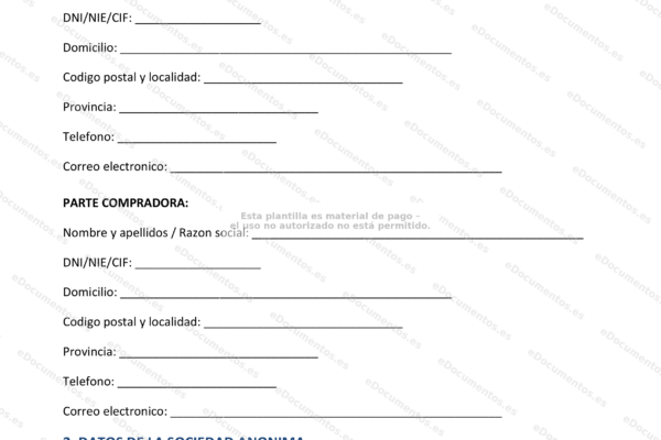 Página 1 de un informe sobre la compraventa de acciones de una Sociedad Anónima (SA)