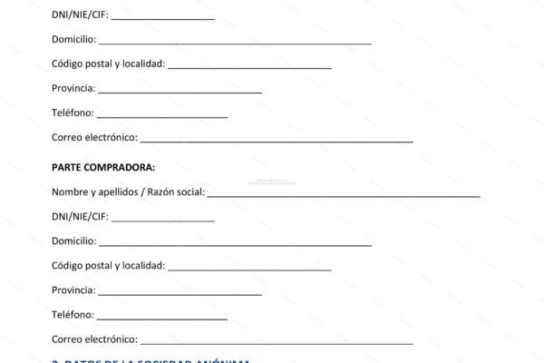 Página 1 de un informe sobre la compraventa de acciones de una Sociedad Anónima (SA)