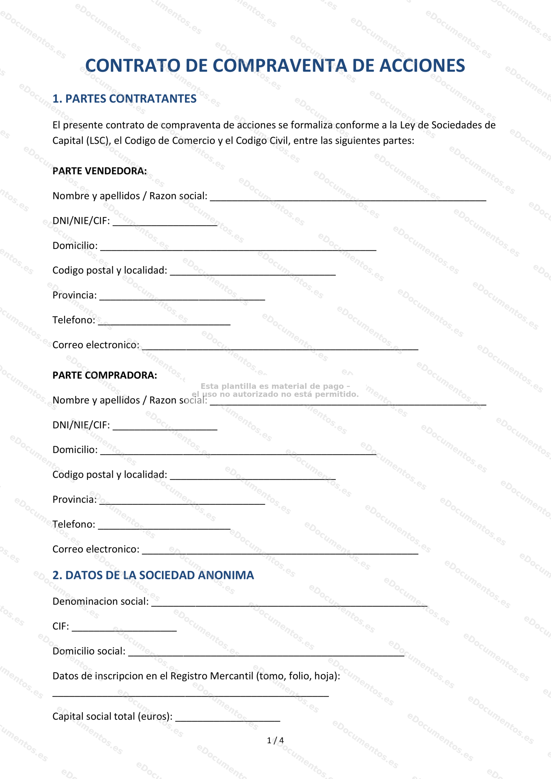 Compraventa de acciones (SA) — Plantilla Word & PDF