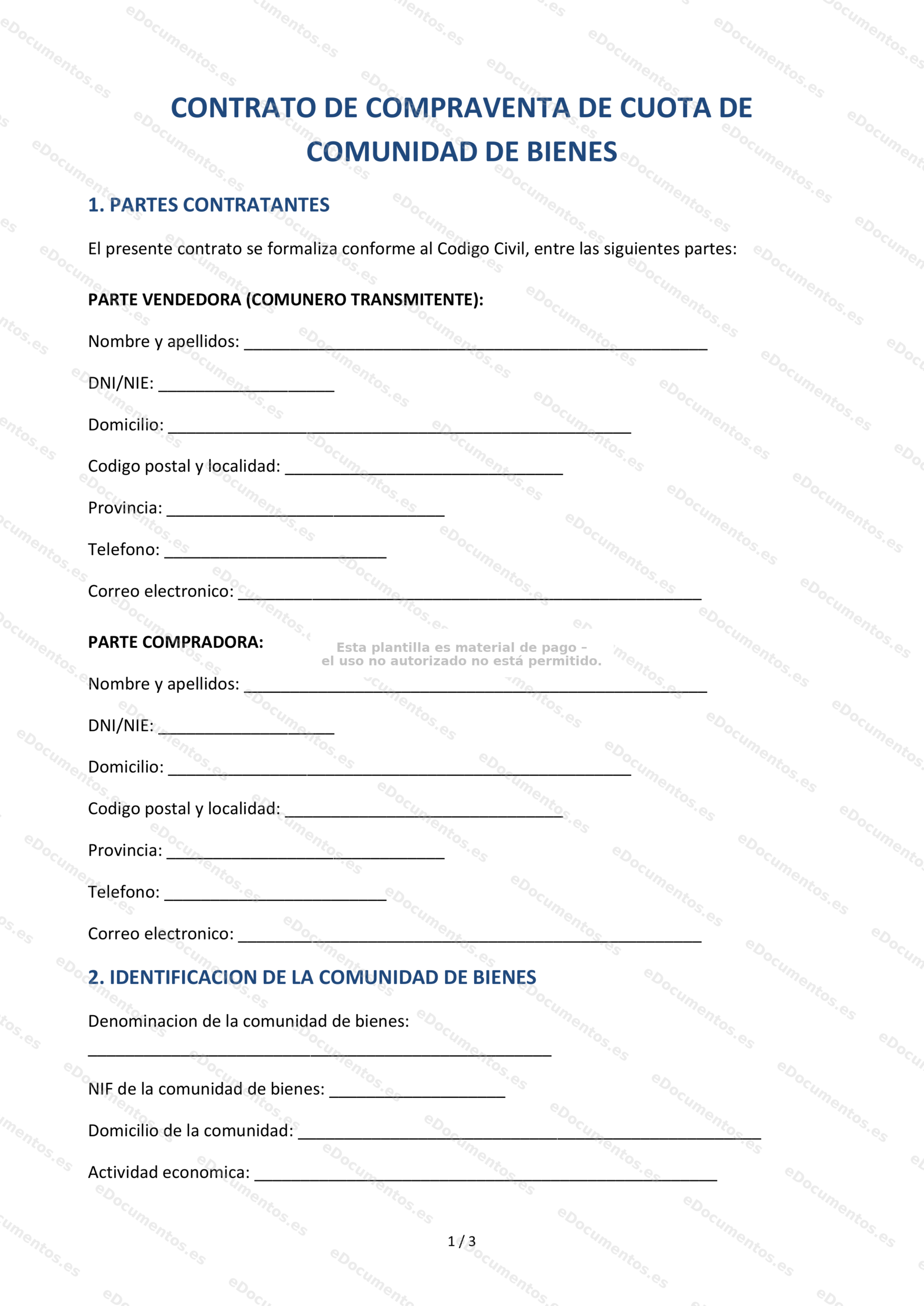 Compraventa de cuota en comunidad de bienes — Modelo editable