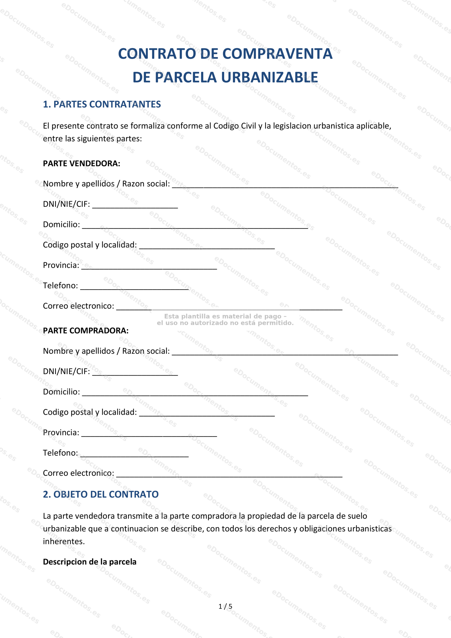 Compraventa de parcela urbanizable — Modelo editable