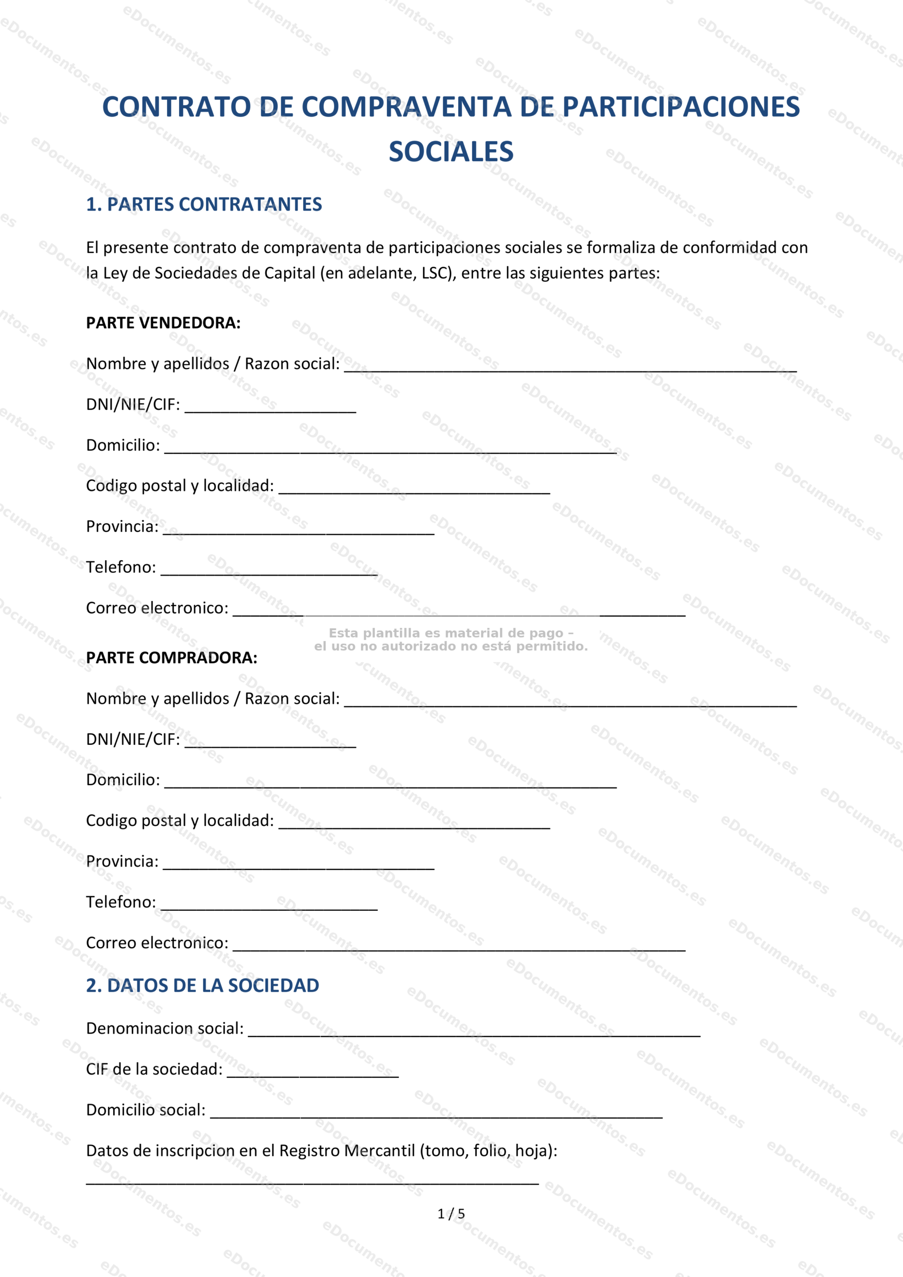 Compraventa de participaciones sociales (SL) — Plantilla Word & PDF