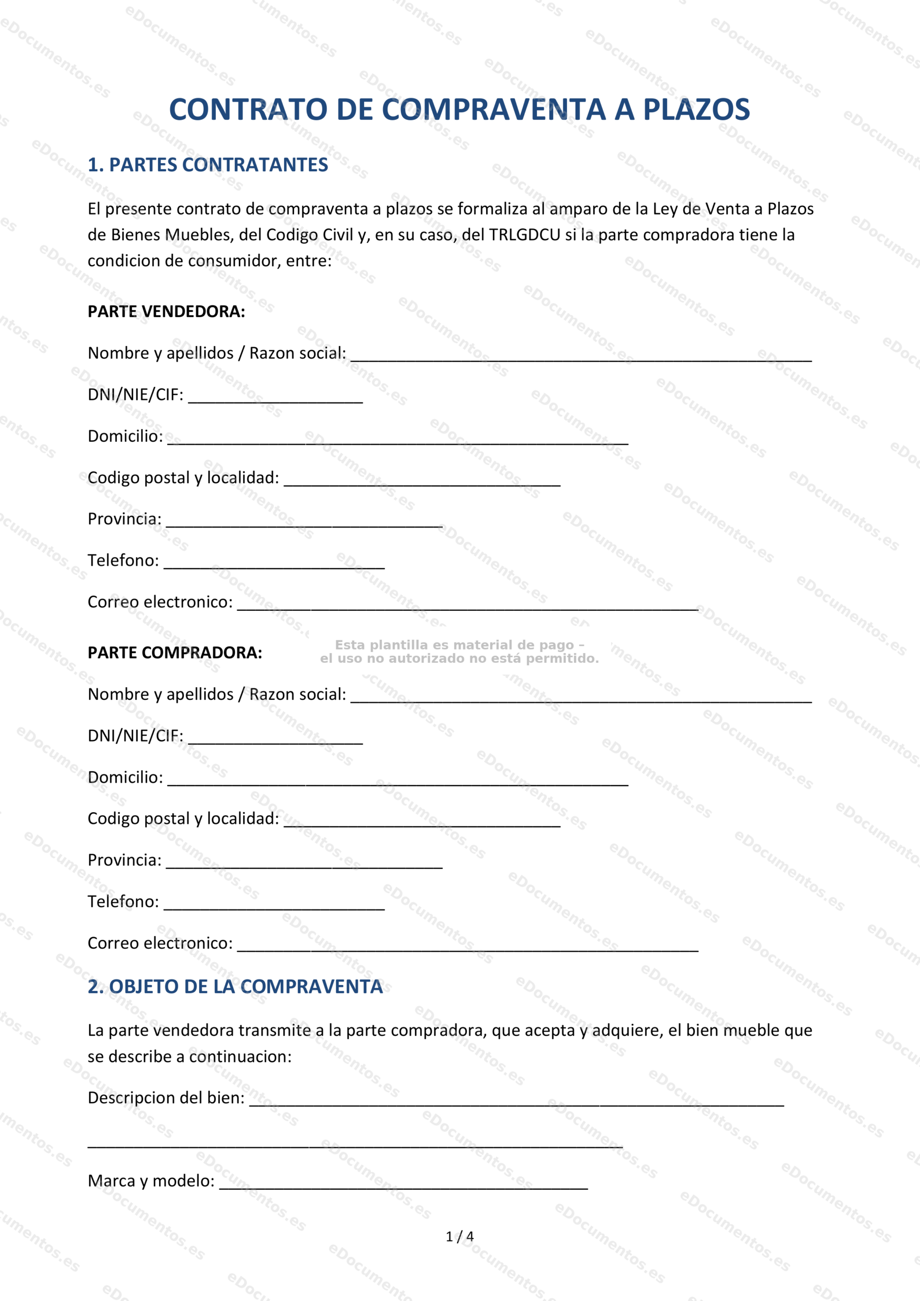 Contrato de compraventa a plazos — Modelo editable