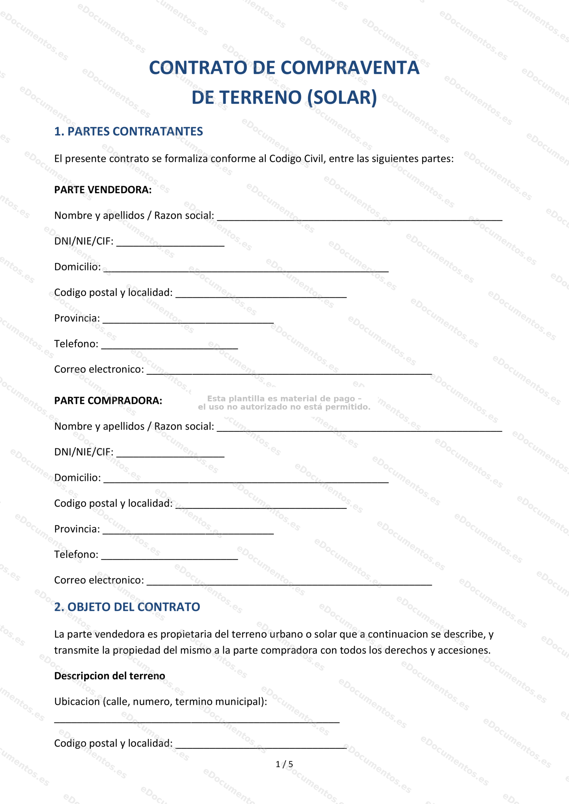 Compraventa de terreno o solar — Modelo editable