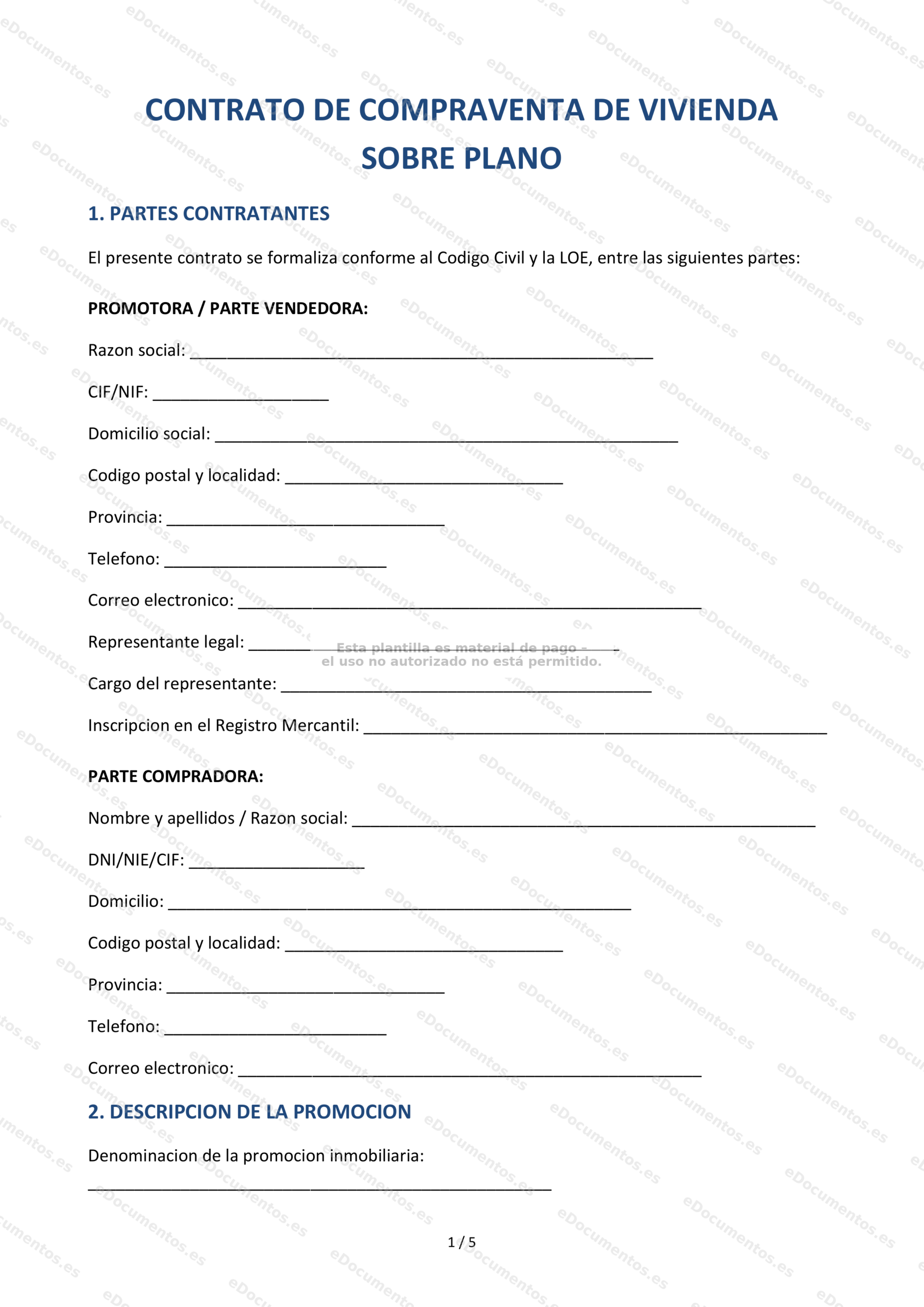 Compraventa de vivienda sobre plano — Modelo editable