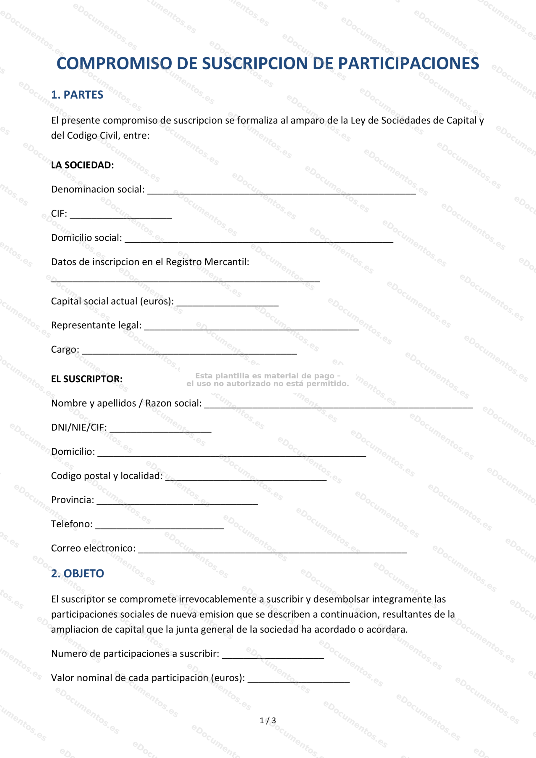Compromiso de suscripción de participaciones — Modelo editable