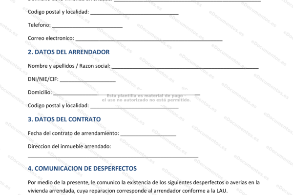 Comunicación de desperfectos al arrendador, página 1.