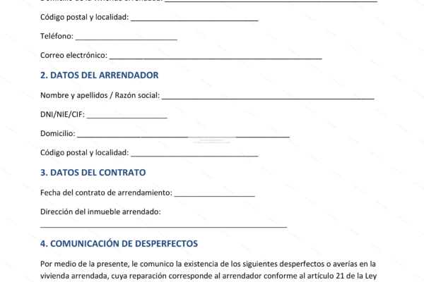 Comunicación de desperfectos al arrendador, página 1.