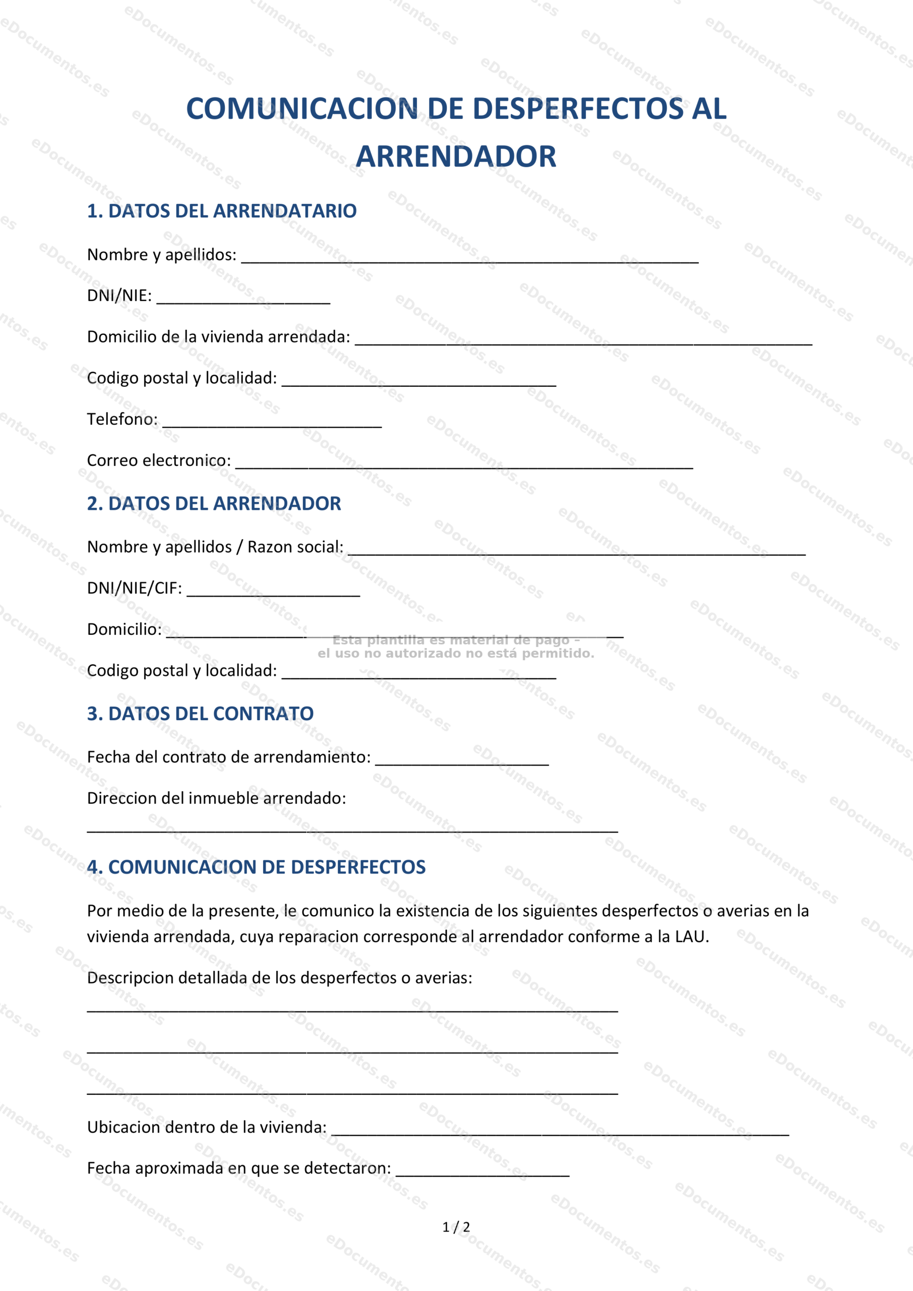 Comunicación de desperfectos al arrendador — Formulario editable