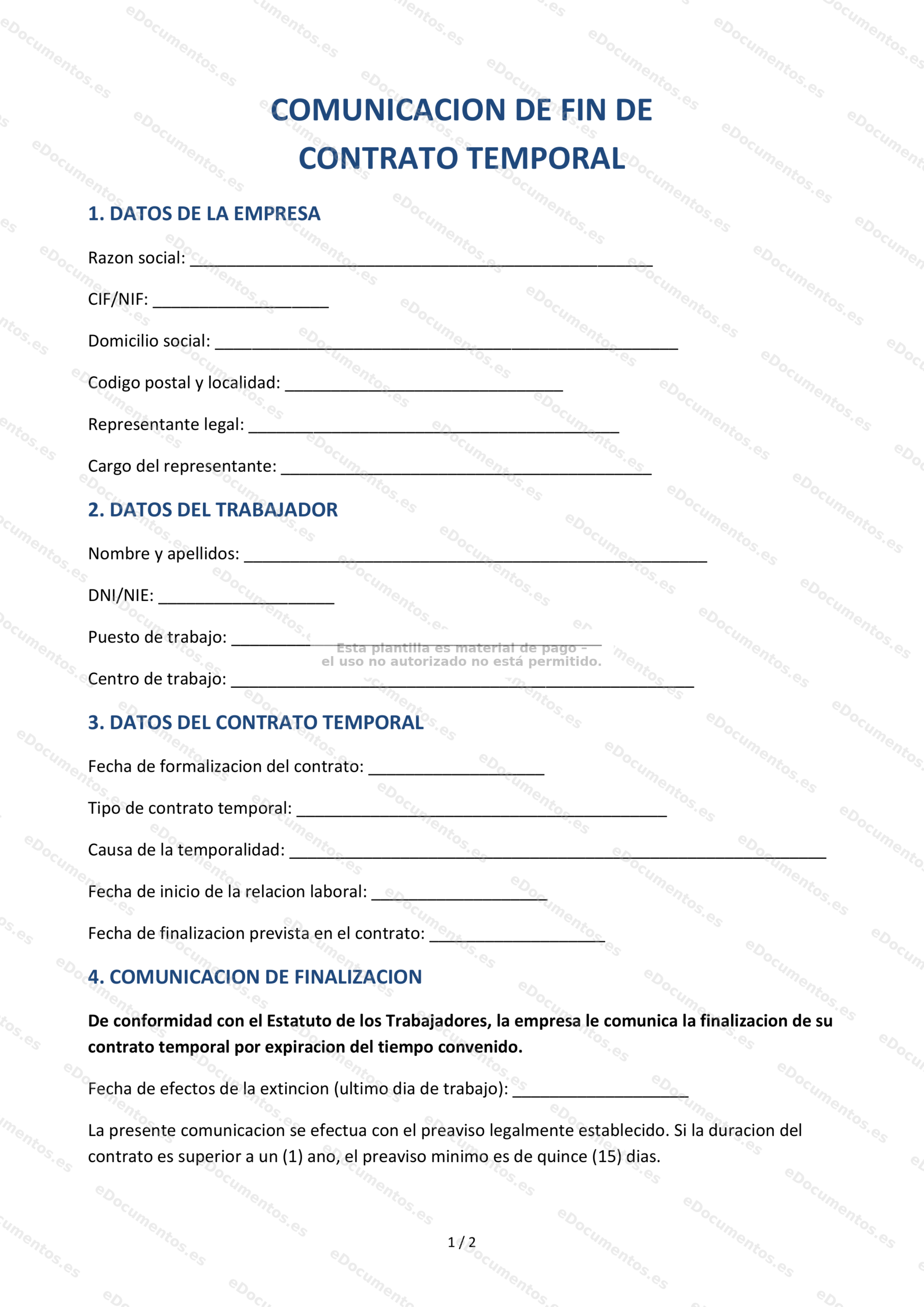 Comunicación de fin de contrato temporal — Formulario descargable