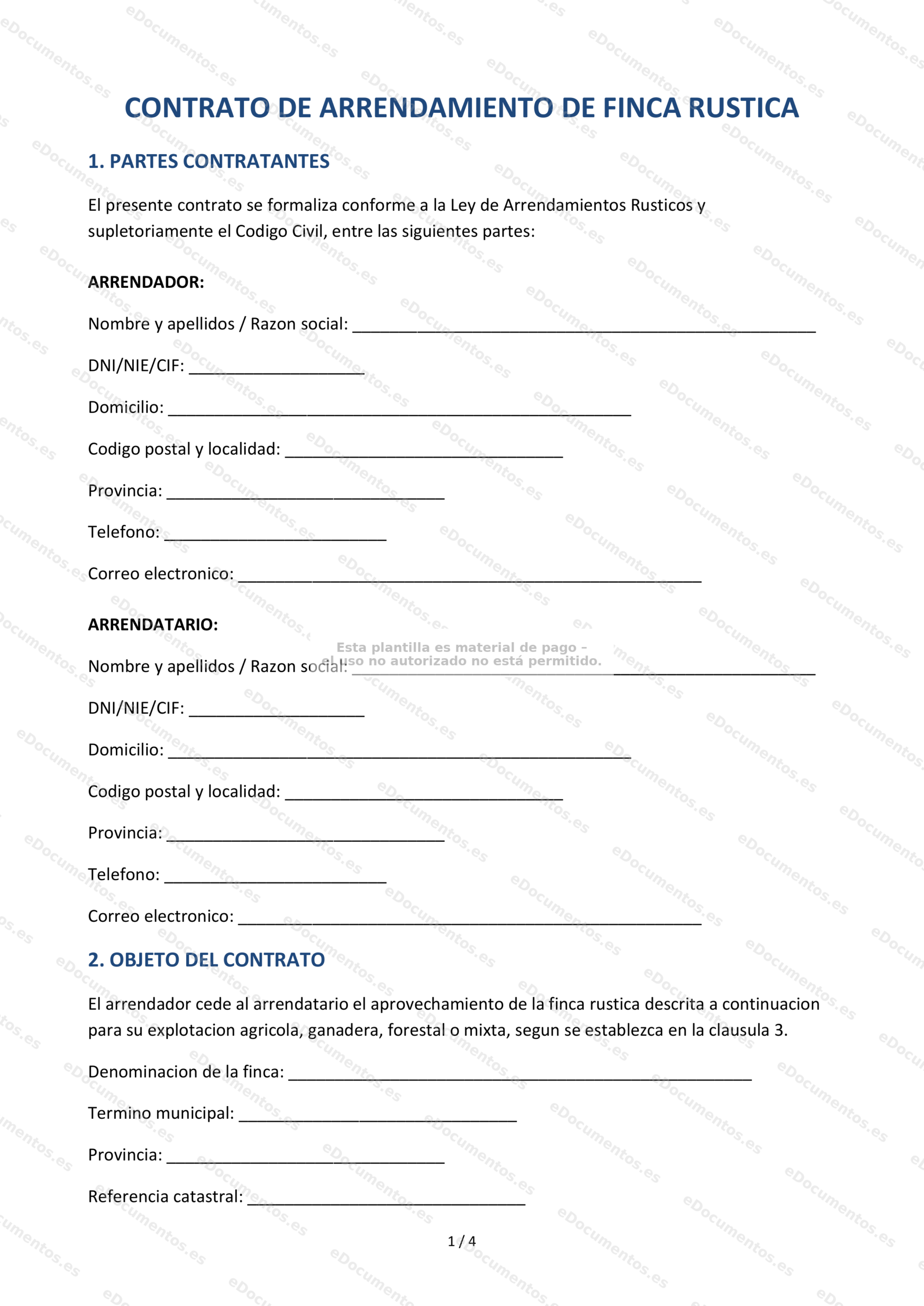 Contrato de arrendamiento de finca rústica — Modelo editable