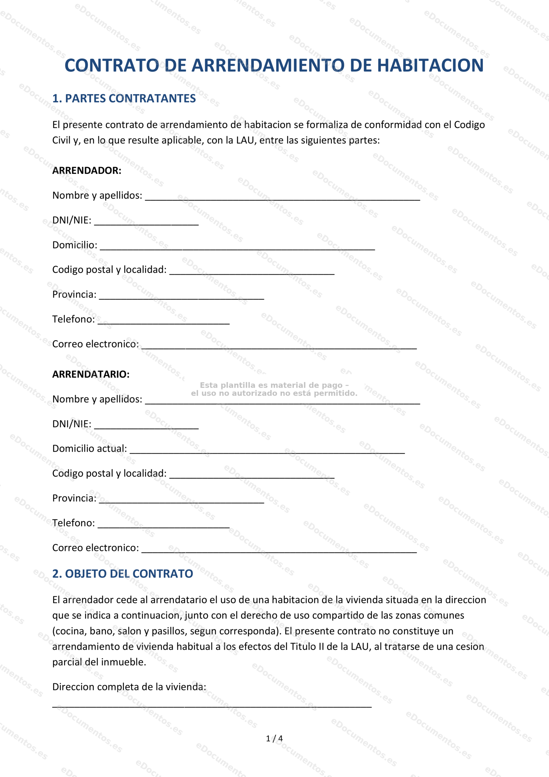 Contrato de alquiler de habitación — Modelo editable