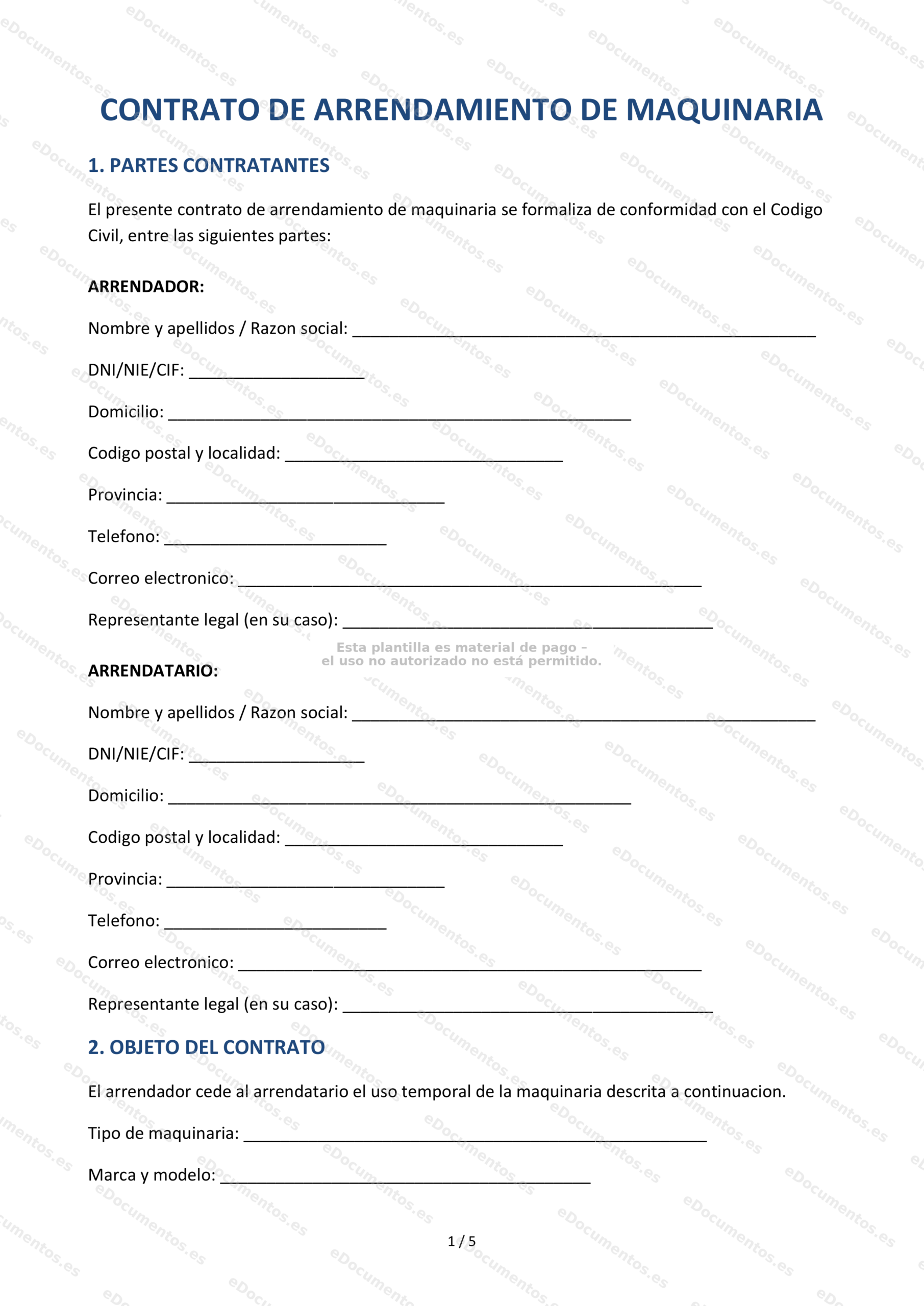 Contrato de arrendamiento de maquinaria — Modelo editable