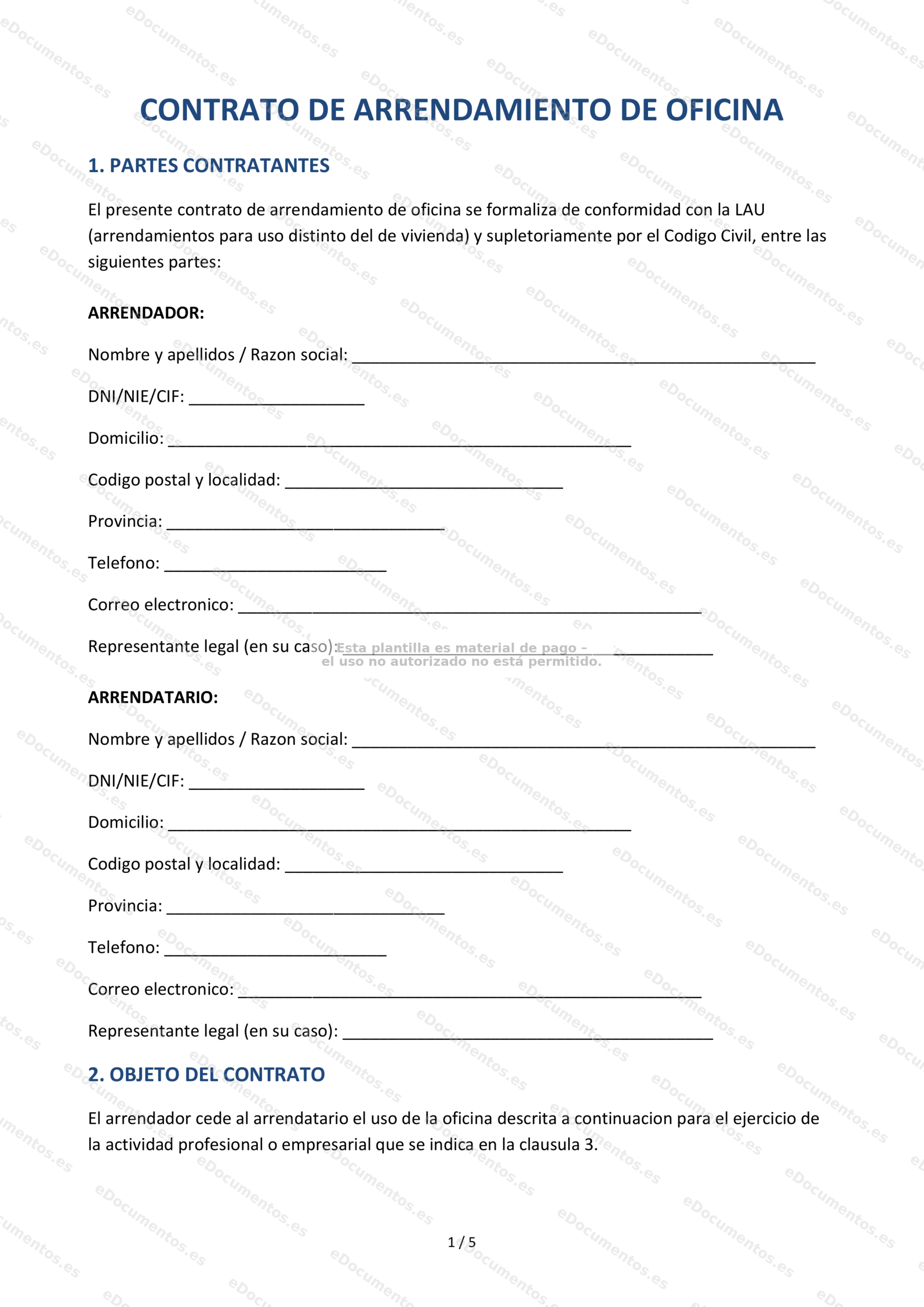 Contrato de arrendamiento de oficina — Modelo editable