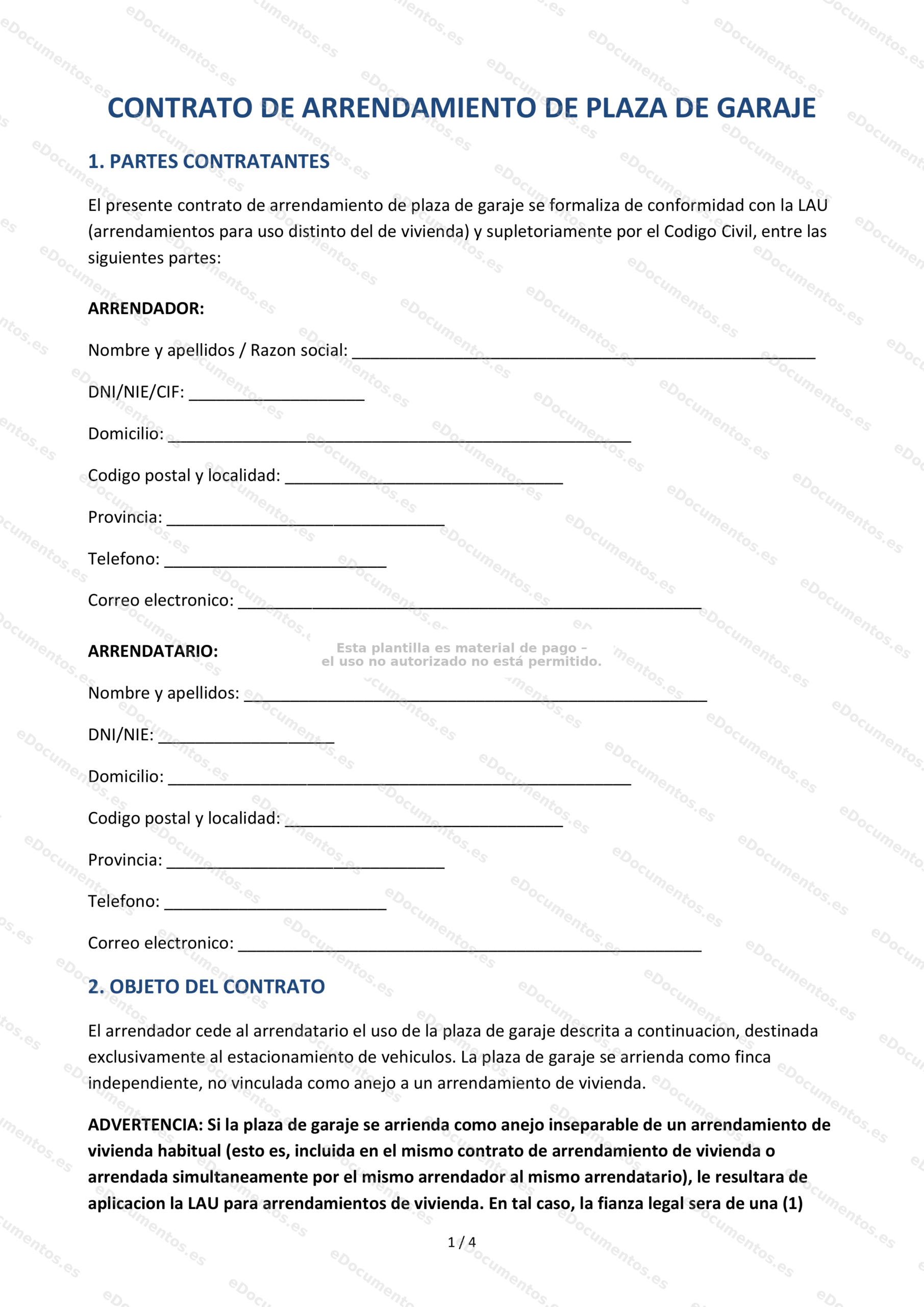 Contrato de arrendamiento de plaza de garaje — Modelo descargable