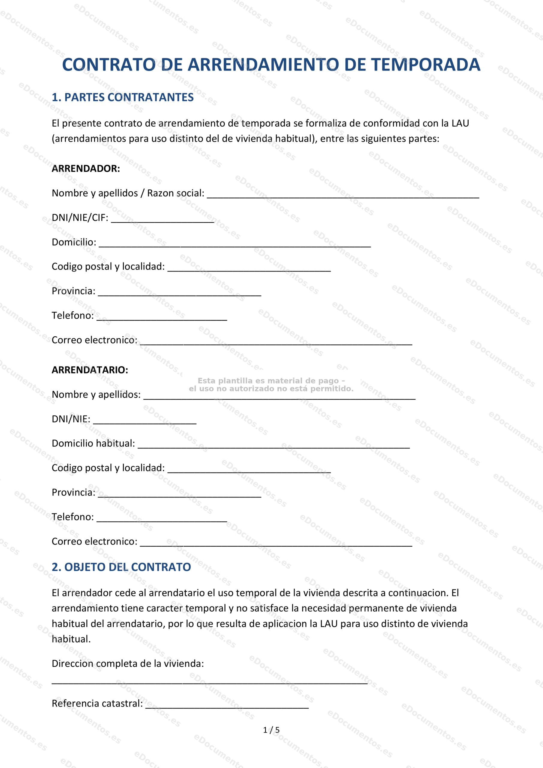 Contrato de arrendamiento de temporada — Modelo descargable